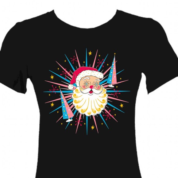 Crazy4Me Style Tops - Vintage Christmas Starry Eyed Santa Holt Howard Black T-Shirt Pinup Retro MCM